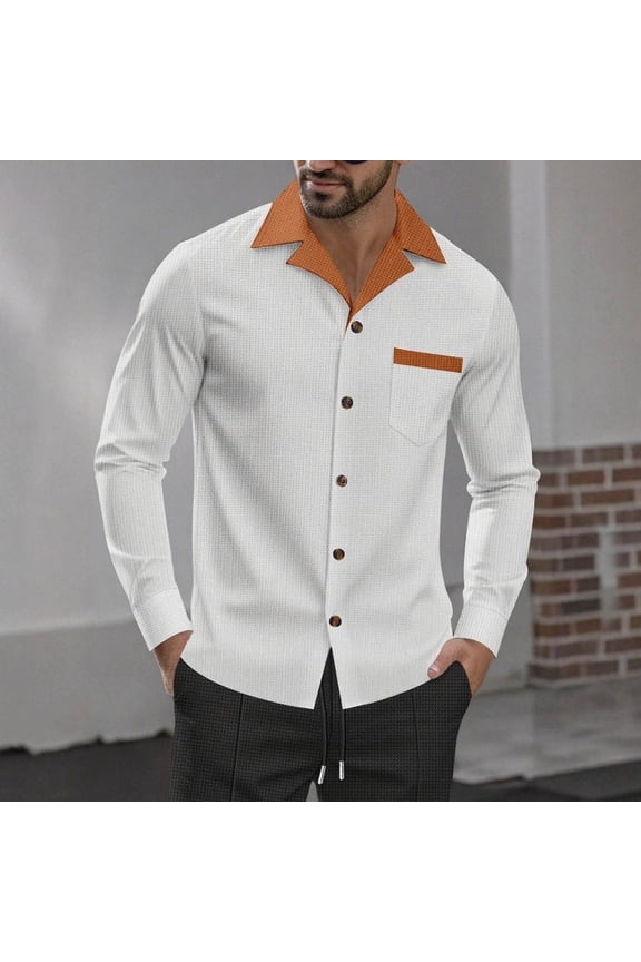 Men's Waffle Shirt Color Block Long Sleeve Button-Down Collar Patchwork Button-Up Casual Commute Urban Modern Relaxed Fit Everyday Essentials Contemporary