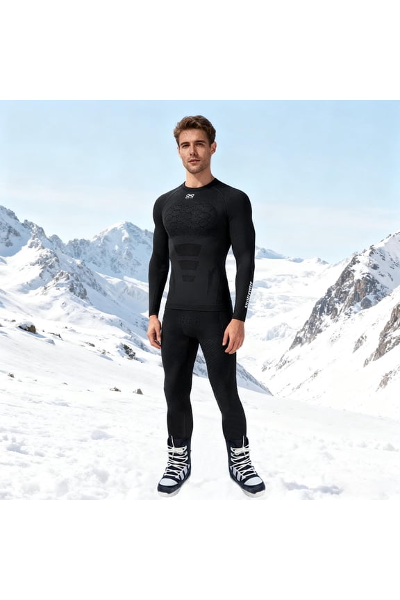Men's Winter Outdoor Compression Base Layer 2-Piece Set Quick-Dry Warm Long Sleeve Crew Neck Ski Cycling Hiking