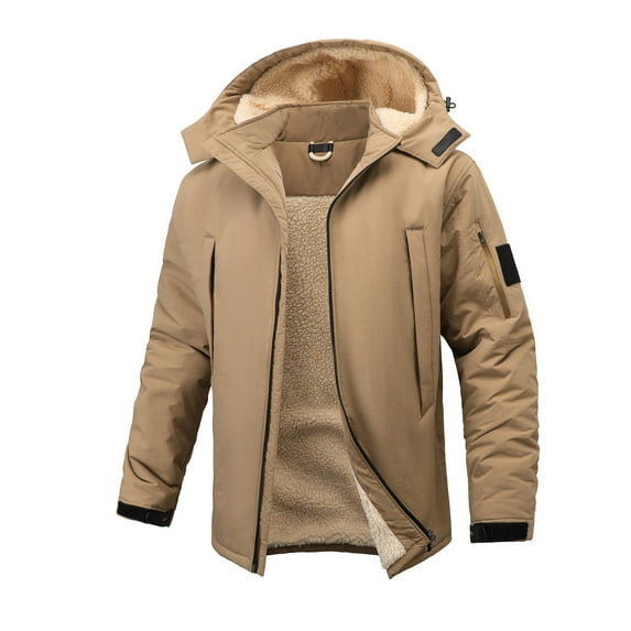 Yusimy Men's Work Jacket Solid Color Long Sleeve Hooded Fleece-Lined Thickened Warm Utility Style