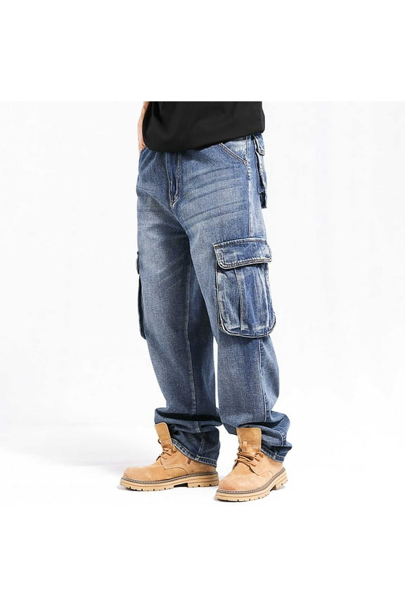Men's Workwear Cargo Pants Vintage Outdoor Multi-Pocket Solid Denim Rugged Utility Style