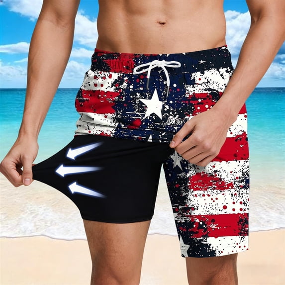 Yusimy Mens Beach Swim Shorts with 4th of July Print Drawstring Elastic Waist Pockets Double Layer Lined for Beach Swimming Vacation