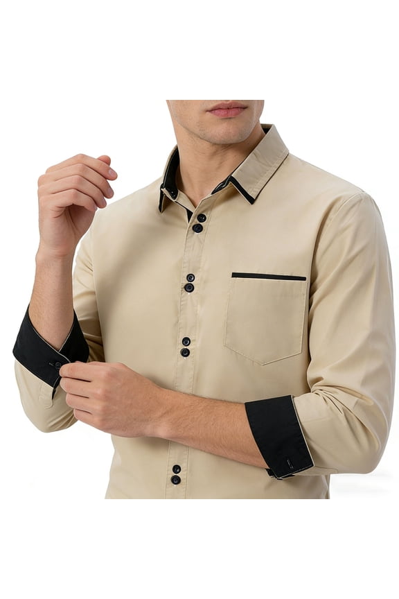 Mens Business Long Sleeve Dress Shirt Color Block Cotton Lapel Slim Fit Casual Fashion For Daily Wear Commute Cross Border Apparel