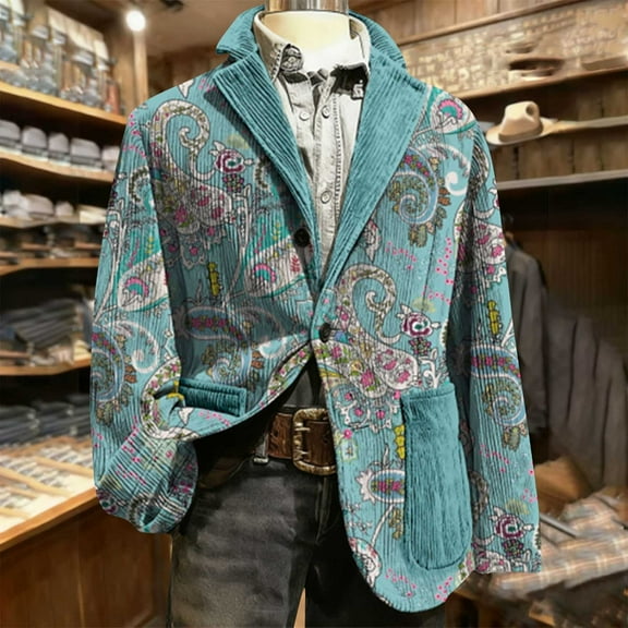 Yusimy Mens Chirstmas Corduroy Jacket Front Open Notched Lapel Long Sleeve Xmas Printed Blazer with Two Pockets Ugly Chirstmas Overcoat