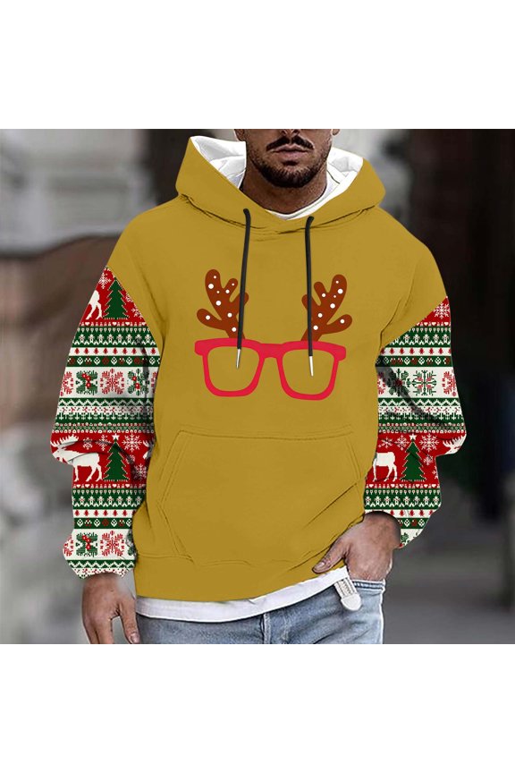Mens Christmas Printed Hoodie Long Sleeve Pullover Casual Athletic Top
