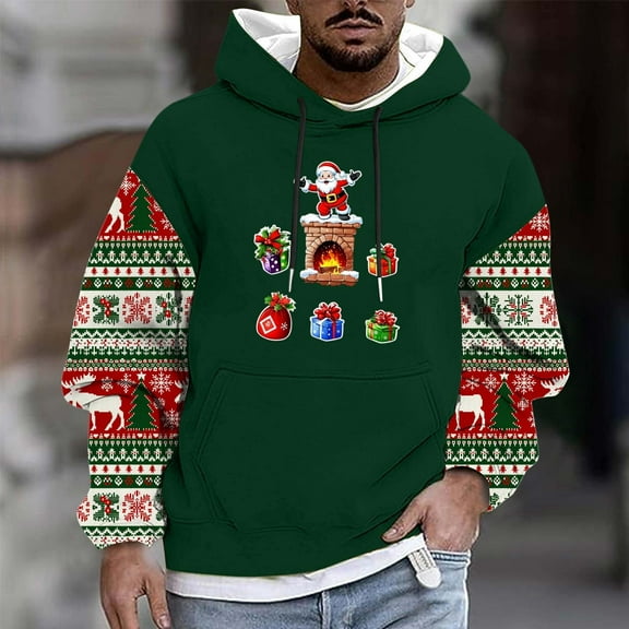 Yusimy Mens Christmas Printed Hoodie Long Sleeve Pullover Casual Athletic Top