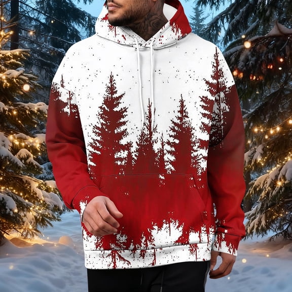 Yusimy Mens Christmas Printed Hoodie with Pockets & Drawstring Long Sleeve Pullover Athletic Top