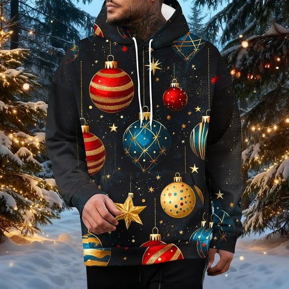 Yusimy Mens Christmas Printed Hoodie with Pockets & Drawstring Long Sleeve Pullover Athletic Top