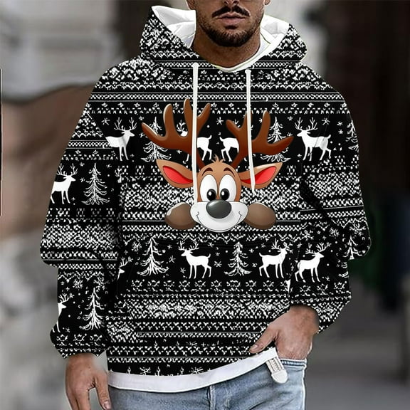 Yusimy Mens Fashionable Christmas Printed Hoodie Jacket with Pockets & Drawstring Long Sleeve Pullover Casual Winter Style