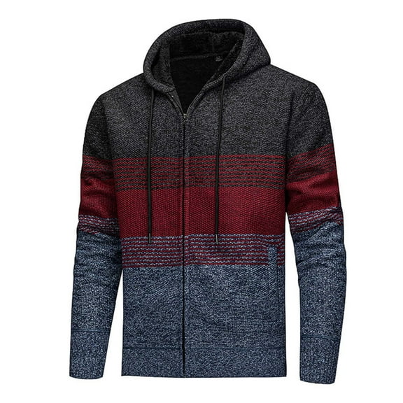 Yusimy Mens Fleece-Lined Thickened Striped Color Block Hoodie Elastic Knit Zip Pockets Drawstring Long Sleeve Cardigan