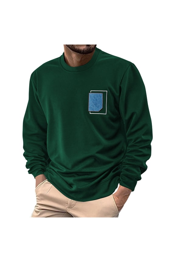 Mens Solid Color Embroidered Patch Crewneck Pullover Knit Sweatshirt Long Sleeve Casual Fashion