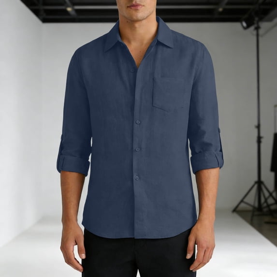 Yusimy Mens Solid Color Linen Cotton Blend Long Sleeve Button Front Shirt with Pocket Casual Comfort Fit