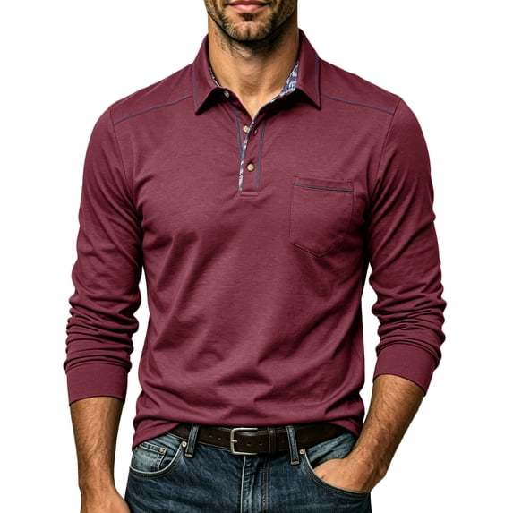 Yusimy Mens Spread Collar Long Sleeve Shirt Contrast Placket Button Pullover Classic Casual Golf Tennis Active Daily Wear