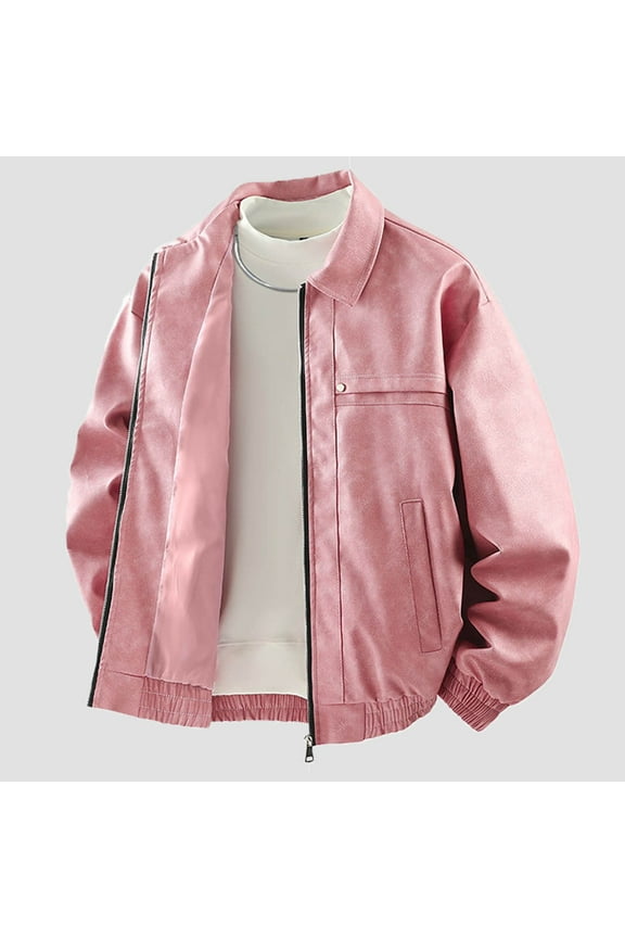 Unisex Solid Color Leather Jacket Zip-Front Lapel Collar Windproof Warm Long Sleeve Non-Hooded Fashion Casual Style