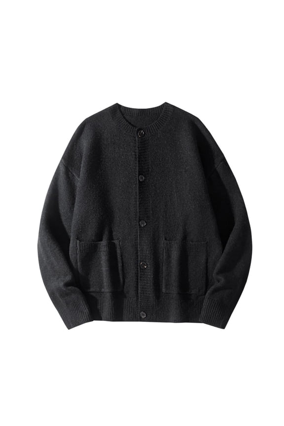 Unisex Solid Color Loose-Fit Crew Neck Cardigan Knit Sweater Jacket Warm Casual Versatile Style