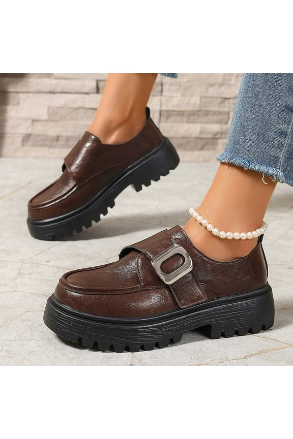 Women's British Style Casual Loafers - Elastic Slip-On Round Toe Low Heel Thick Sole Shoes in Solid Color, Versatile All-Season Fashionable Design for Daily Wear