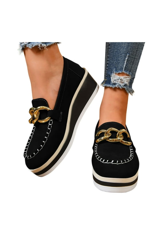 Women's Casual Slip-On Comfort Wedge Heel Shoes - Round Toe Low-Cut Driving Loafers with Elastic Design for Effortless Style and All-Day Wear