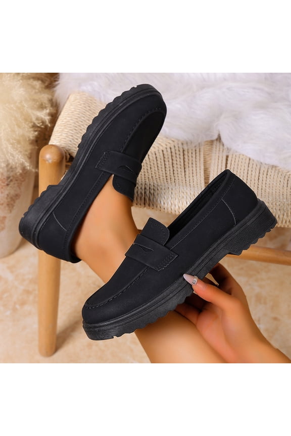 Women's Casual Versatile Soft Leather Loafer Shoes - Round Toe Flat Sole Low-Top Slip-On with Eye-Catching Design, Lightweight Comfort Wide Width Available for Everyday Wear