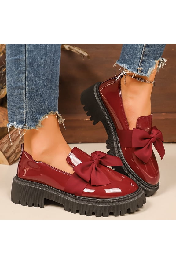 Women's Casual Versatile Wide Width Loafers - Round Toe Flat Sole Comfortable Non-Slip Patent Leather Shoes with Bow Detail for Autumn/Winter Edgy Style
