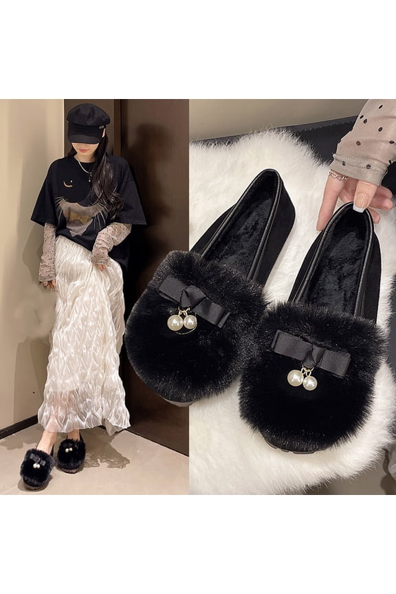 Women's Eye-Catching Fuzzy Pearl Bow Boots - Autumn Winter Wide Size Comfortable Warm Cotton Flat Shoes with Solid Color Cozy Design for Casual Outfits