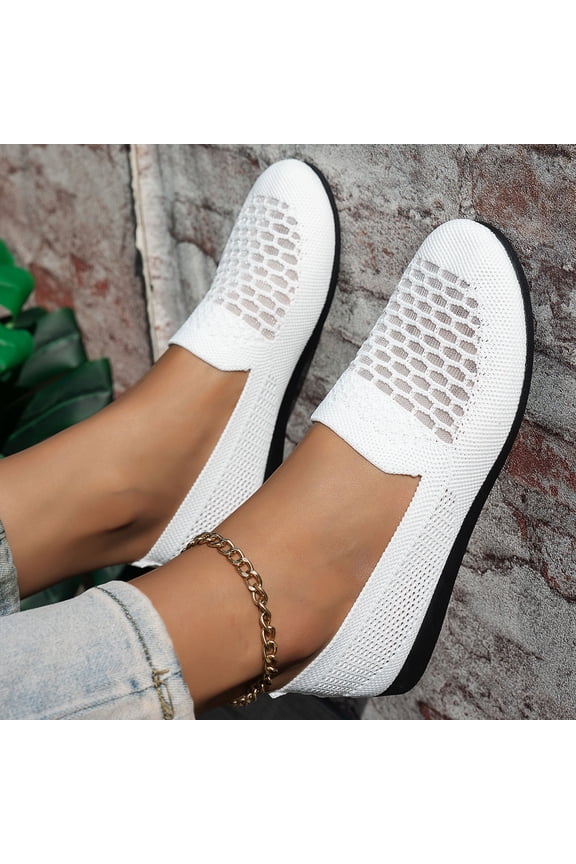 Women's Fashion Casual Breathable Work Shoes - Fly Knit Round Toe Slip-On Driving Loafers with Soft Flat Sole for Comfort and Style