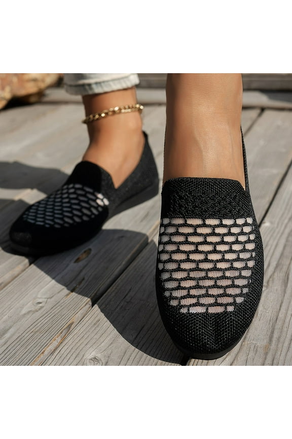 Women's Fashion Casual Breathable Work Shoes - Fly Knit Round Toe Slip-On Driving Loafers with Soft Flat Sole for Comfort and Style