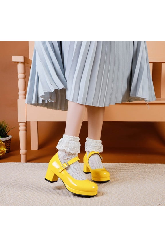 Women's Fashion Casual Versatile Round Toe Patent Leather Chunky Mid Heel Mary Jane Shoes - Slip-On T-Strap Design with Glossy Candy Color for Stylish Everyday Outfits