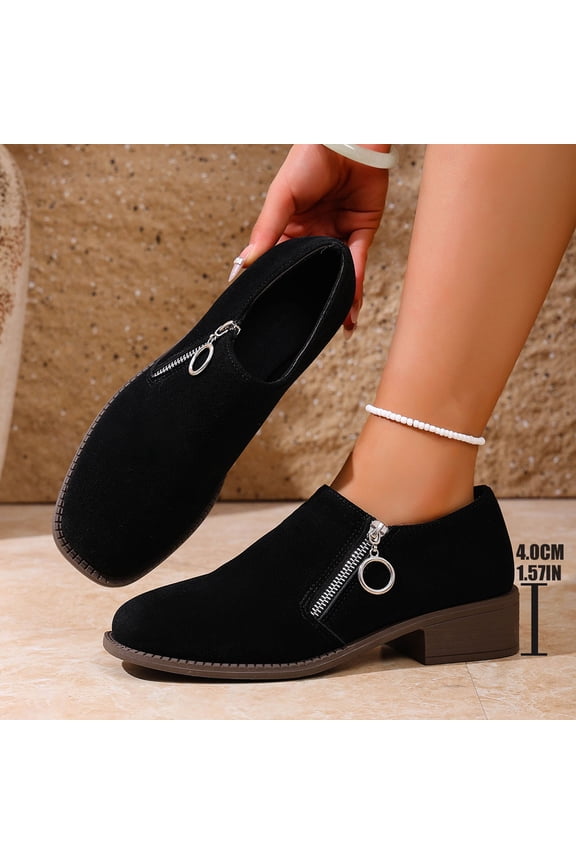 Women's Fashionable Casual All-Season Comfortable Shoes - Round Toe Deep-Cut Side Zipper Chunky Low Heel Slip-On Solid Color Minimalist Style for Daily Wear