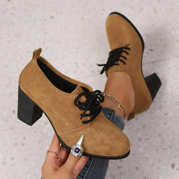 Yusimy Women's Fashionable Casual Autumn Winter High Heels - Round Toe Thick Heel Lace-Up Shoes in Solid Color Versatile Style for Daily Wear
