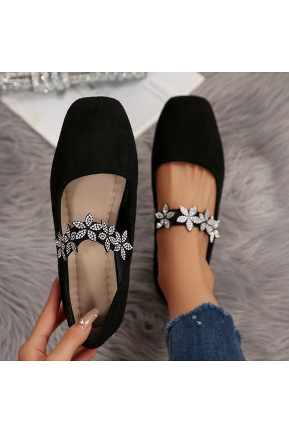 Women's Fashionable Casual Bean Shoes - Square Toe Slip-On Low-Cut Single Shoes with Crystal Accents Solid Color All-Season Comfort for Daily Wear