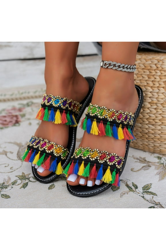 Women's Fashionable Casual Bohemian Tassel Flat Sole Beach Sandals - Elastic Slip-On with Adjustable Strap for Summer Outdoor Comfort