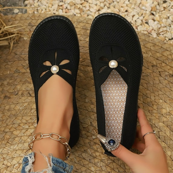 Yusimy Women's Fashionable Casual Breathable Knit Flats - Round Toe Slip-On Flat Shoes with Mesh Design Solid Color Minimalist Casual Style for Spring Summer Wear