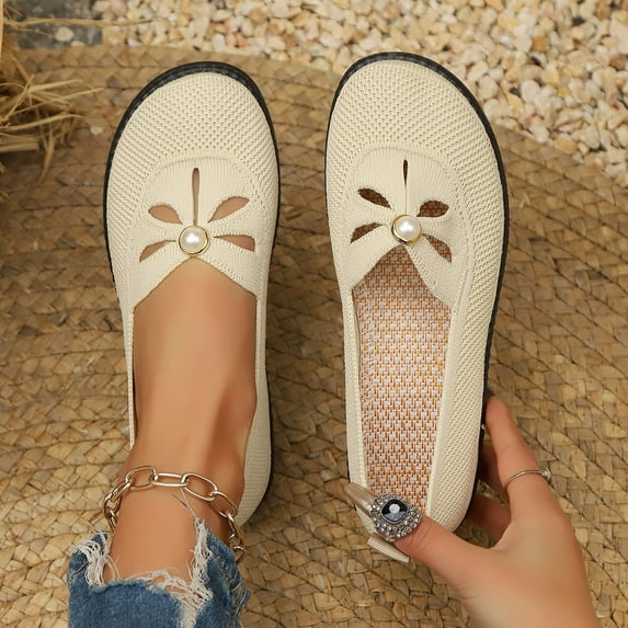 Yusimy Women's Fashionable Casual Breathable Knit Flats - Round Toe Slip-On Flat Shoes with Mesh Design Solid Color Minimalist Casual Style for Spring Summer Wear
