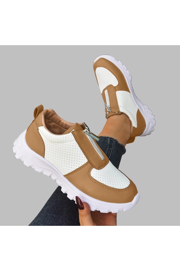Women's Fashionable Casual Color-Block Slip-On Sneakers - Front Zipper Easy On/Off Athletic Design Lazy Shoes for Everyday Wear