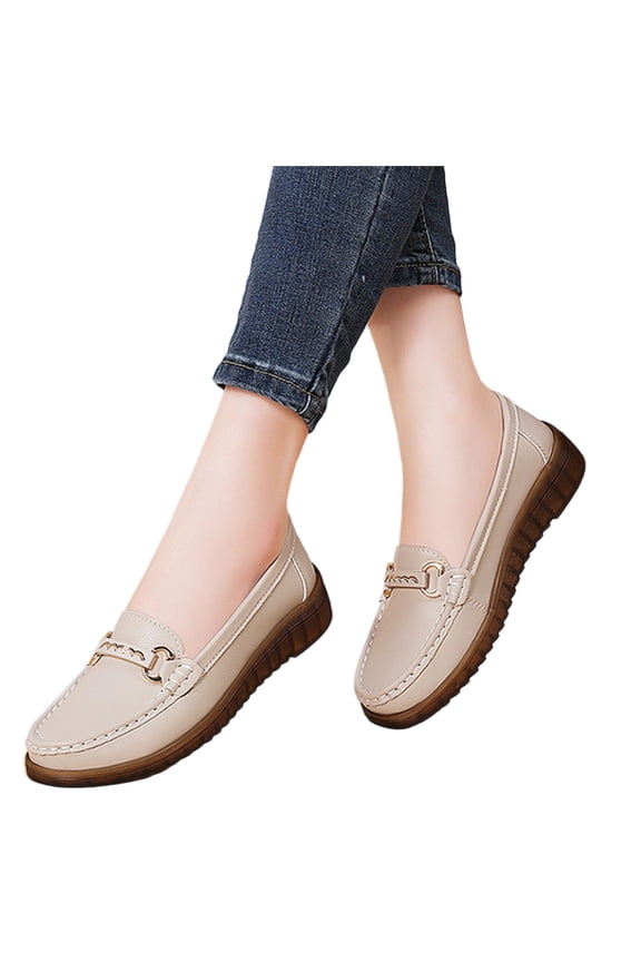 Women's Fashionable Casual Comfortable Breathable Round Toe Slip-On Flats with Metal Buckle Solid Color Minimalist Elastic Design for Everyday Wear