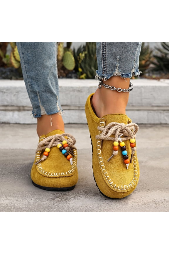 Women's Fashionable Casual Ethnic Style Closed Toe Slide Shoes - Flat Sole Comfortable Bohemian Slip-On Sandals with Trendy Elastic Design for Daily Wear