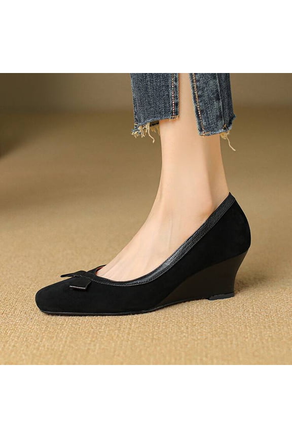 Women's Fashionable Casual French Bow Sandals - Square Toe High Wedge Heel Suede Slip-On Low-Cut Dressy Shoes with Bowknot Detail for Summer Outfits and French Style Pairing