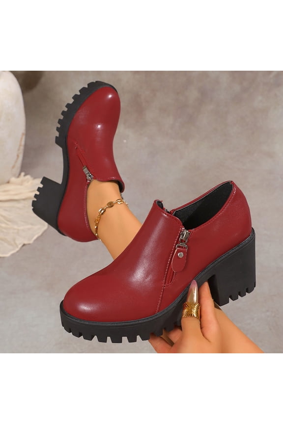 Women's Fashionable Casual Loafers - Round Toe Chunky High Heel Leather Shoes with Zipper Closure British Style Solid Color All-Season Versatile Footwear for Everyday Outfits