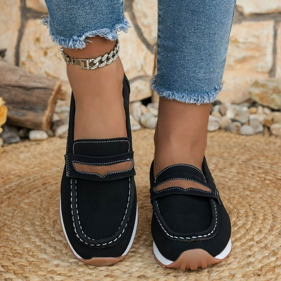 Yusimy Women's Fashionable Casual Loafers - Two-Tone Round Toe Flat Sole Slip-On Shoes with British Style All-Season Versatile Minimalist Design for Everyday Comfort