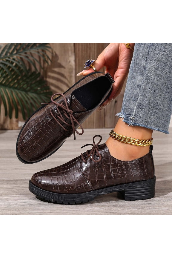 Women's Fashionable Casual New Retro Lace-Up Low Cut Mid Heel Loafers - Autumn British Style Leather Shoes with Classic Design for Everyday Comfort