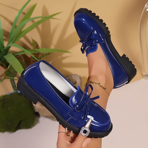 Yusimy Women's Fashionable Casual Oxford Shoes - Round Toe Mid Heel Slip-On with Glossy Finish Bow Accent British Style Versatile for Everyday Outfits