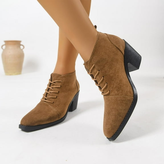 Yusimy Women's Fashionable Casual Retro Round Toe Lace-Up Chunky Heel Low-Cut Leather Shoes - British Style Wide Sizes Available