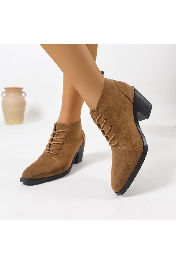 Women's Fashionable Casual Retro Round Toe Lace-Up Chunky Heel Low-Cut Leather Shoes - British Style Wide Sizes Available