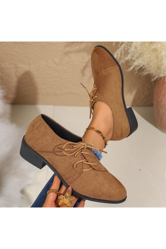 Women's Fashionable Casual Retro Round Toe Lace-Up Shoes - Chunky Heel Low-Cut British Style Leather Shoes with Thick Sole for Wide Sizes, Classic and Versatile Design