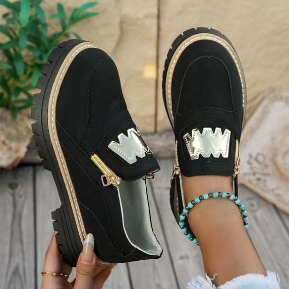 Yusimy Women's Fashionable Casual Retro Suede Loafers - Round Toe Side Zipper Chunky Mid Heel Shoes with Vintage-Inspired Style for Everyday Comfort