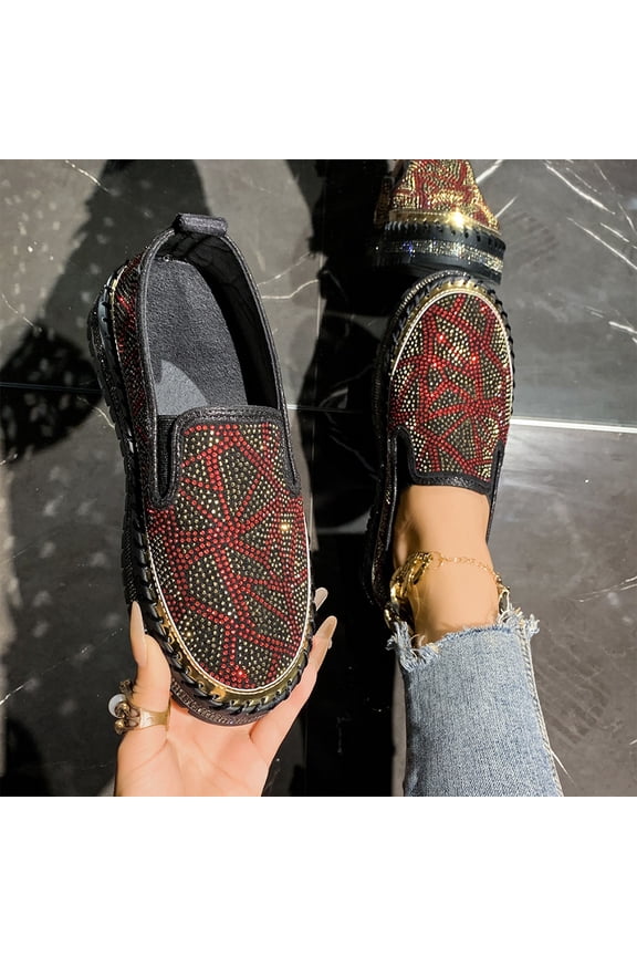 Women's Fashionable Casual Rhinestone Studded Loafers - Slip-On Chunky Platform Flat Sole Driving Shoes with Glittering Details for Everyday Glamorous Style