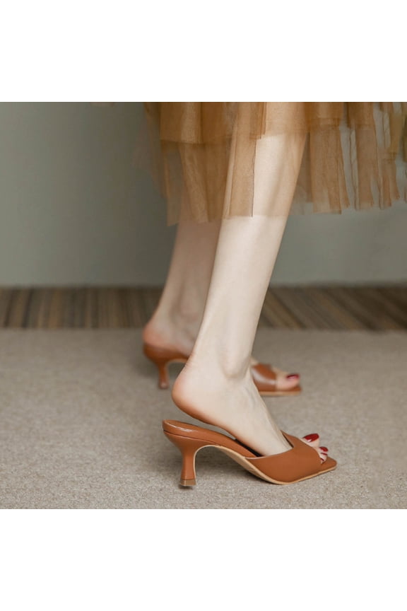 Women's Fashionable Casual Square Toe Open Toe High Heel Genuine Leather Shoes - French Chic Style Bovine Leather Elegant Stiletto Pumps for Party & Office Wear