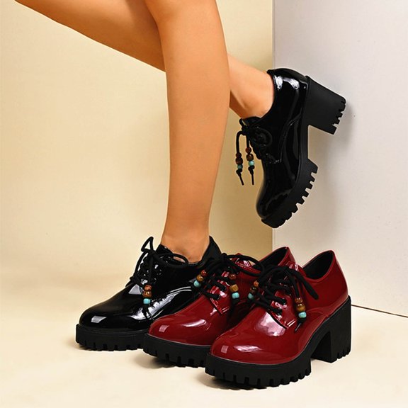 Yusimy Women's New Retro British-Style Low-Top Leather Shoes (Plus Sizes Available) - Lace-Up Round Toe Chunky Heel Platform Casual Shoes, In-Stock for Wholesale & Daily Wear