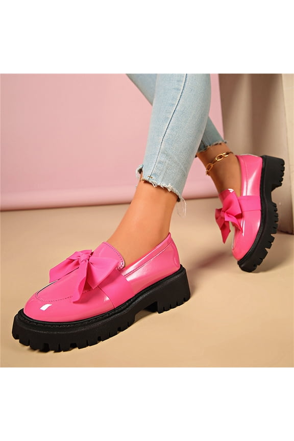 Women's Versatile British-Style Bow Decorated Patent Leather Loafer Shoes - Comfortable Flat Sole for Autumn/Winter, Large Sizes