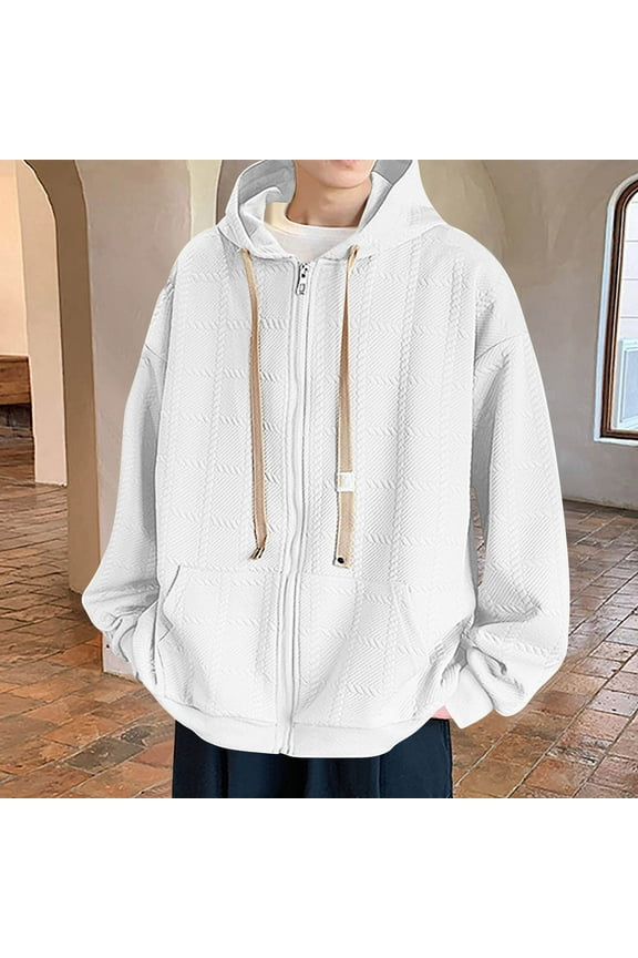 Men's Hooded Jacket Retro Solid Color Patterned Pocket Zipper Long Sleeve Vintage Urban