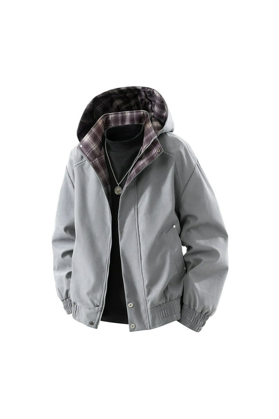 Men's Plaid Hooded Zip-Up Jacket Detachable Utility Workwear Coat Military Style Outdoor Functional